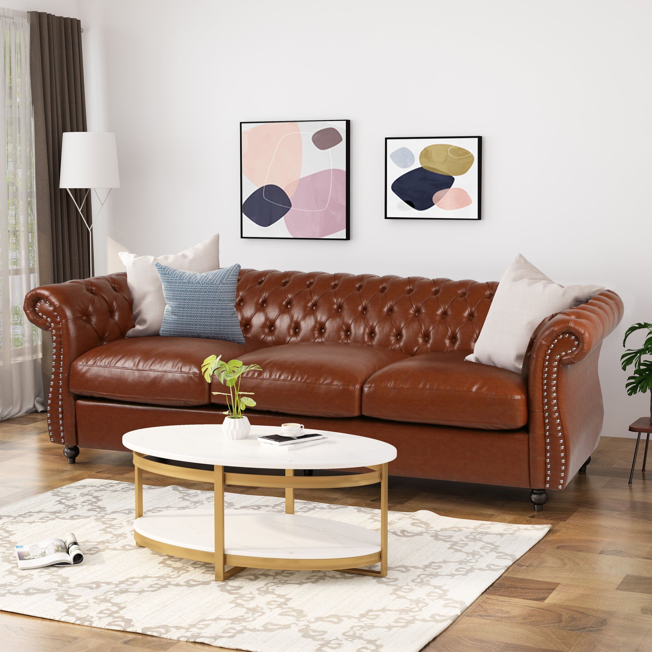 Noble House Aaniya Faux Leather Tufted Sofa, Cognac Brown, Dark Brown –  Walmart Inside Faux Leather Sofas In Chocolate Brown (Photo 2 of 15)
