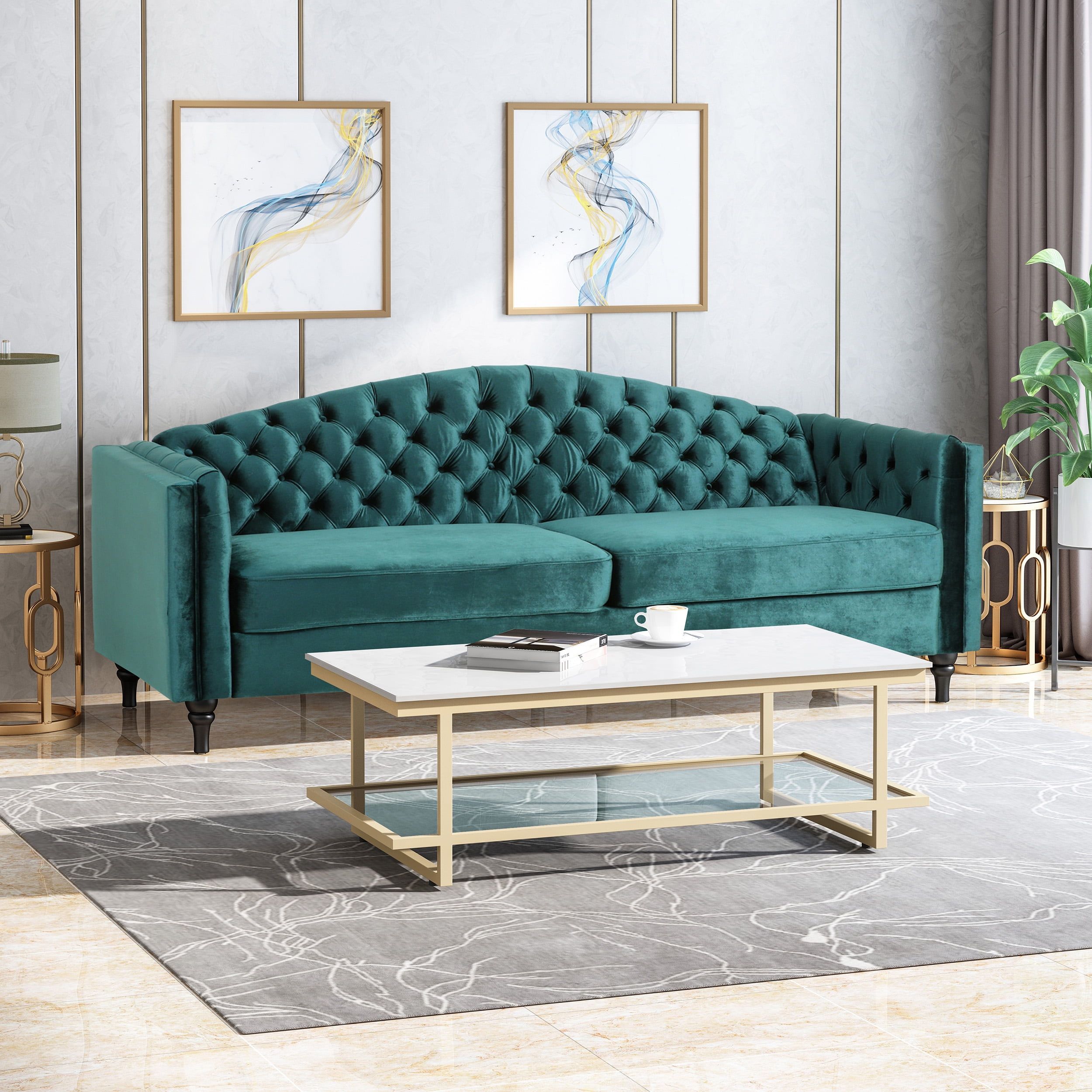 Noble House Tempe Upholstered Velvet 3 Seater Sofa, Teal, Dark Brown –  Walmart Pertaining To Traditional 3 Seater Sofas (View 3 of 15)