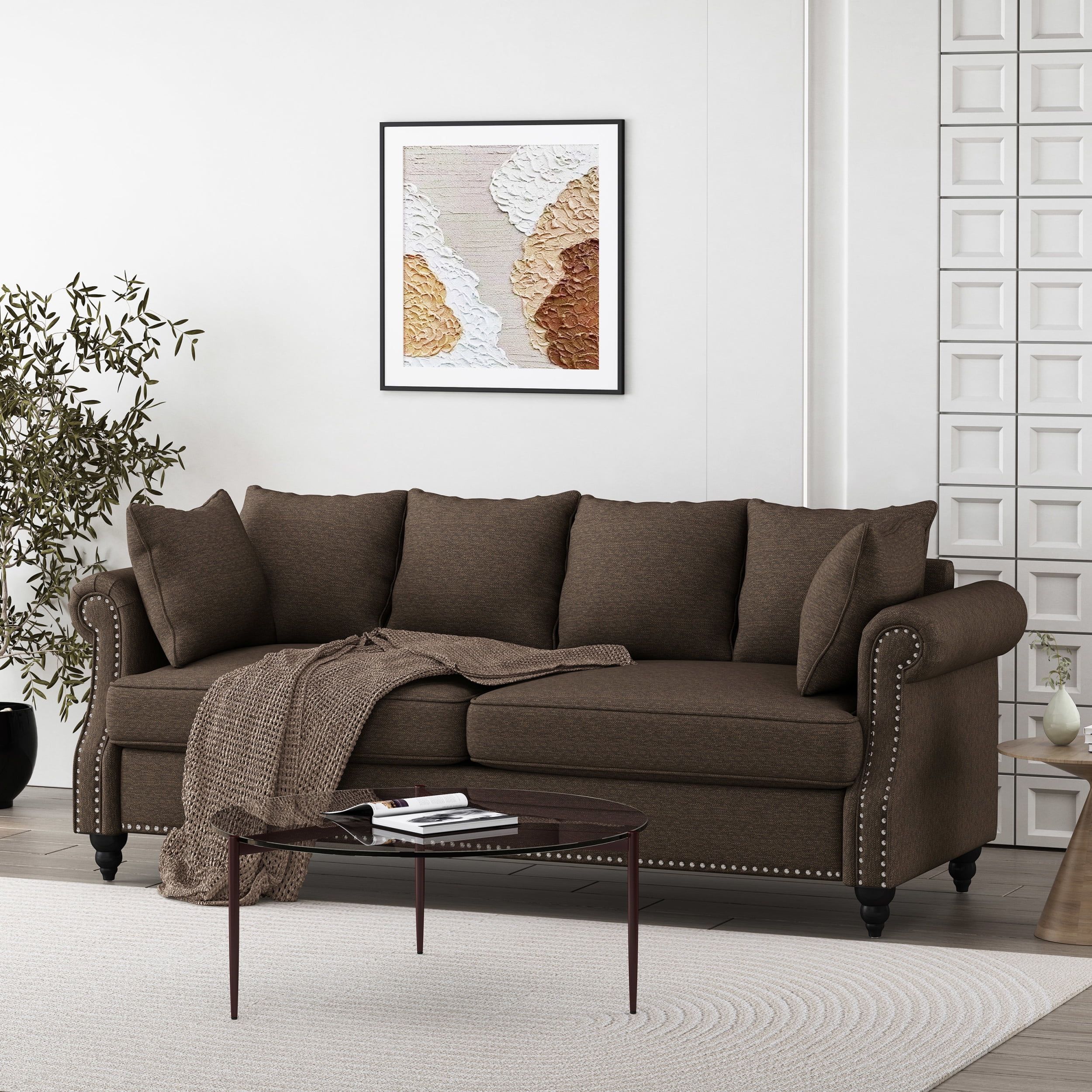 Noble House Viewland Fabric Pillowback 3 Seater Sofa With Nailhead Trim,  Brown And Dark Brown – Walmart In Traditional 3 Seater Sofas (View 9 of 15)
