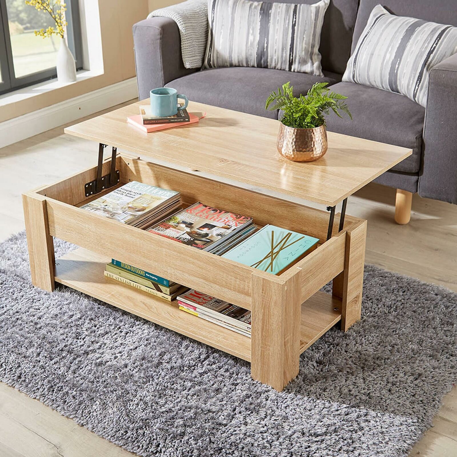 Oak Wooden Coffee Table With Lift Up Top Storage Area And Magazine Shelf |  Ebay In Coffee Tables With Storage (View 10 of 15)