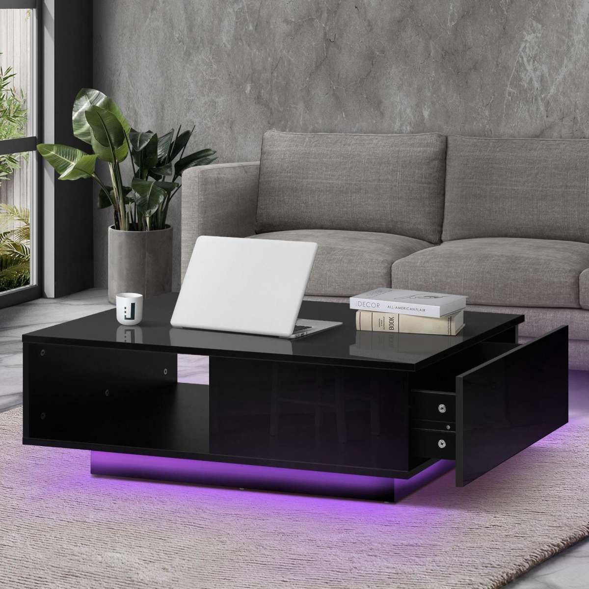 Oikiture Coffee Table Led Light High Gloss Storage Drawer Modern Furniture  Black 1Ea | Woolworths With High Gloss Black Coffee Tables (View 13 of 15)