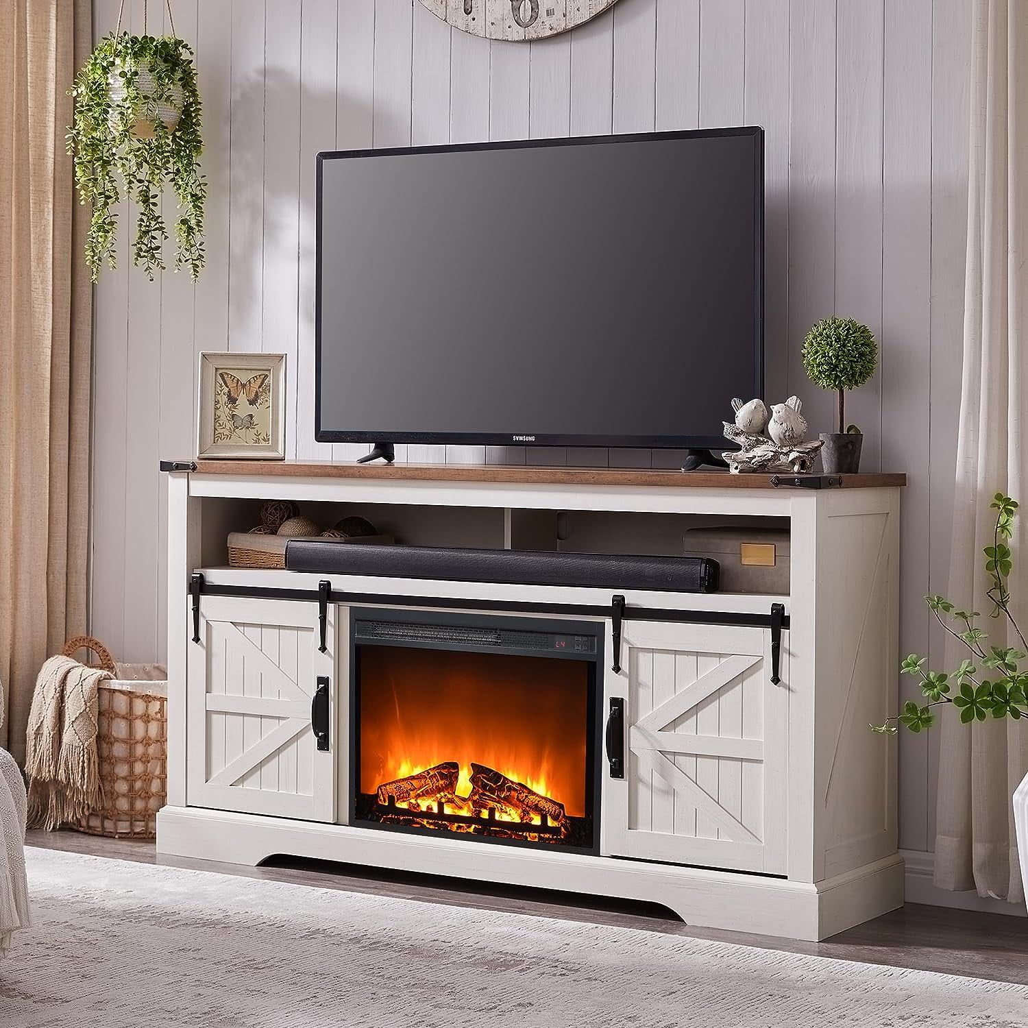 Okd Farmhouse 60" Electric Fireplace Tv Stand For Tvs Up To 65", Large Entertainment  Center With Fireplace For Living Room, Bedroom, Antique White – Walmart In Tv Stands With Electric Fireplace (View 8 of 15)