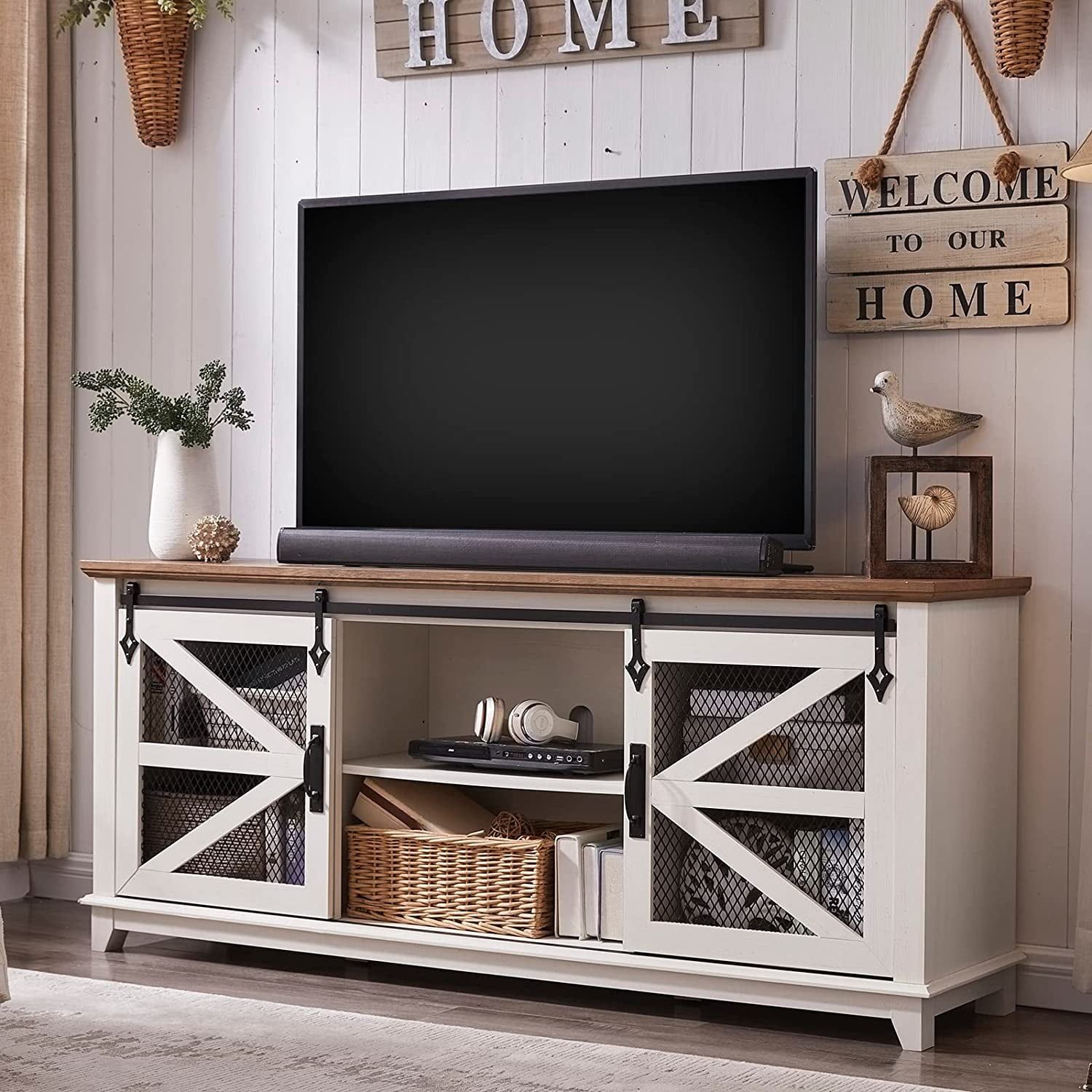 Okd Farmhouse Tv Stand For 75+ Inch Tv, Entertainment Center With  Adjustable Shelves For Living Room, Antique White – Walmart In Farmhouse Stands With Shelves (View 9 of 15)