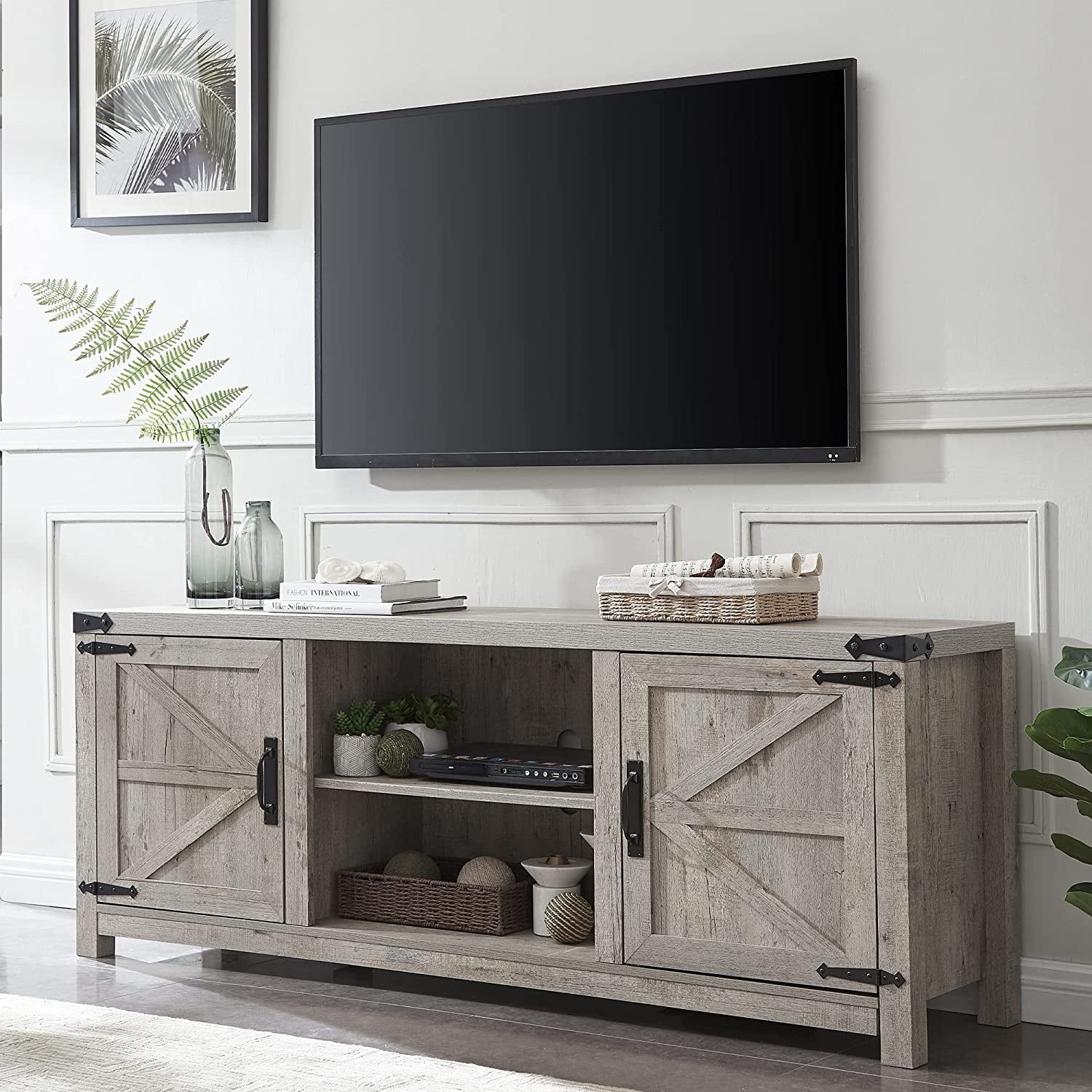 Okd Farmhouse Tv Stand For Tvs Up To 75 Inches, Wood Barn Door Media  Television Console Table With Storage Cabinets Shelves, Grey Wash –  Walmart Throughout Farmhouse Media Entertainment Centers (Photo 4 of 15)