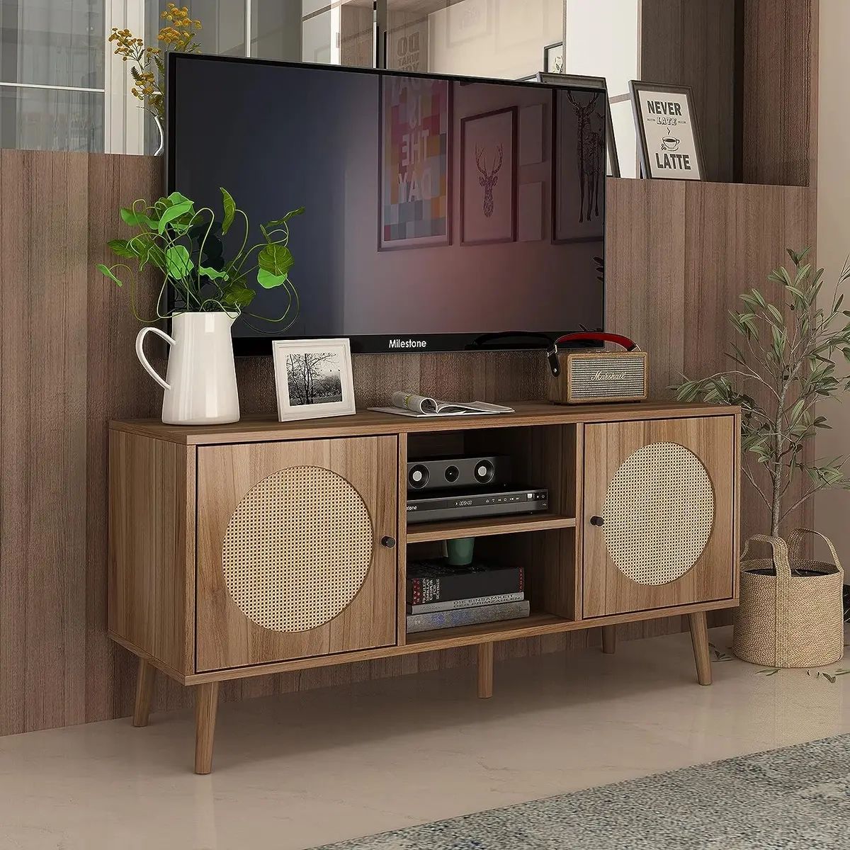 Orrd Farmhouse Rattan Tv Stand For Tvs Up To 52 Inch, 43.3 Walnut | Ebay For Farmhouse Rattan Tv Stands (Photo 10 of 15)