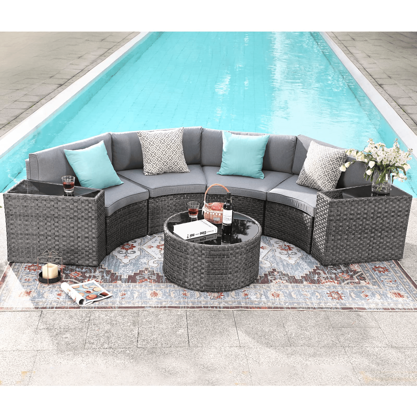Outdoor Patio Furniture Set, Outdoor Sectional Half Moon Curved Sofa, Round  Coffee Table, 4 Pillows & Waterproof Cover, Taupe Cushion, 7 Piece –  Walmart Regarding Outdoor Half Round Coffee Tables (View 2 of 15)
