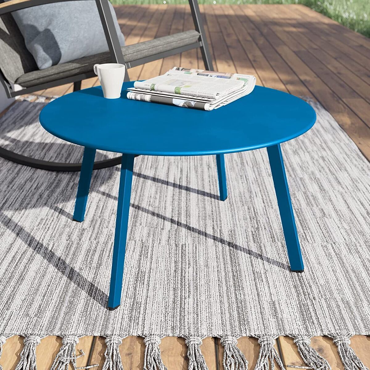 Outdoor Steel Patio Side Table, Round Coffee Table Weather Resistant ,Blue  | Ebay Throughout Round Steel Patio Coffee Tables (View 14 of 15)
