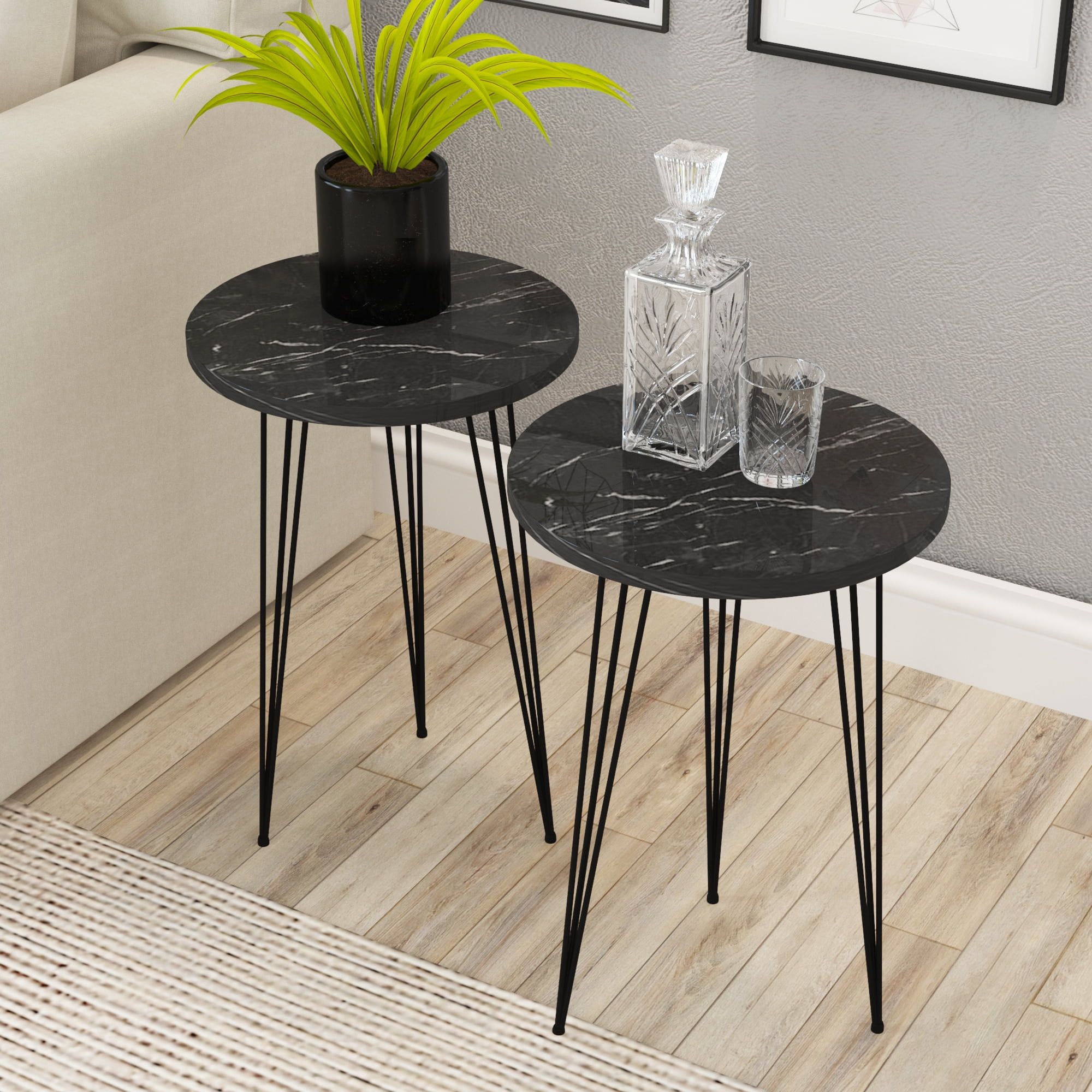 Pak Home Set Of 2 End Table – Round Wood Sofa Side Tables For Small Spaces,  Nightstand Bedside Table With Metal Legs For Bedroom, Living Room, Office,  Balcony (Black High Gloss) – Walmart Pertaining To Metal Side Tables For Living Spaces (View 3 of 15)