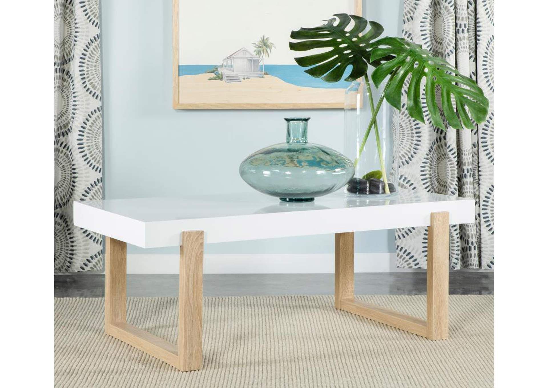 Pala Rectangular Coffee Table With Sled Base White High Gloss And Natural  Cohen'S Furniture – New Castle, De Intended For Rectangular Coffee Tables With Pedestal Bases (Photo 13 of 15)