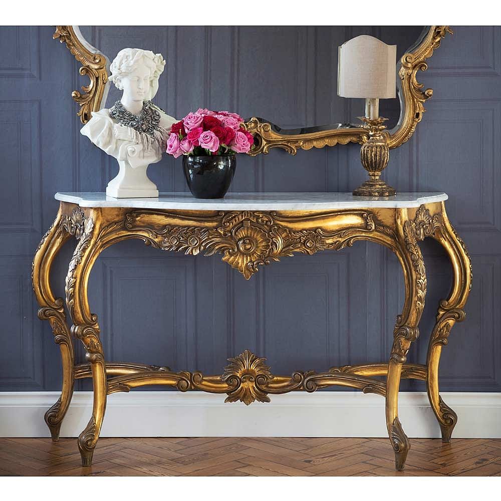 Palais De Versailles Gold Console Table (Large) | Handmade Gold Gilt Large  French Style Console Table With Marble Top Within Versailles Console Cabinets (View 2 of 15)
