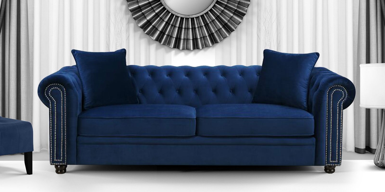 Perceptive Velvet 3 Seater Sofa In Navy Blue Colour – Dreamzz Furniture |  Online Furniture Shop Within Sofas In Blue (Photo 7 of 15)