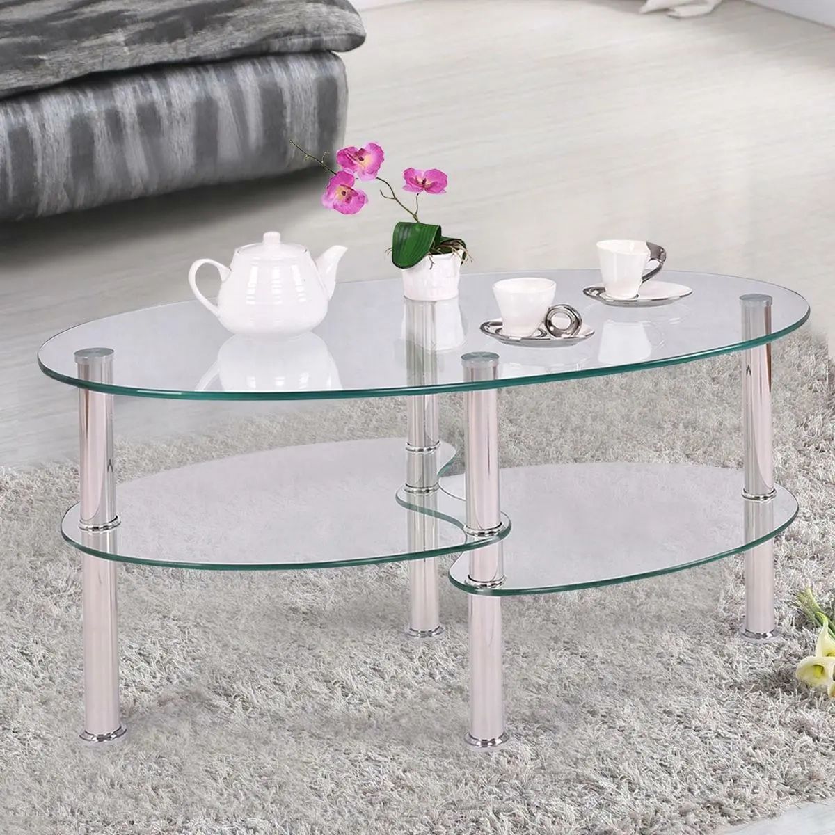 Popular Furniture Tempered Glass Oval Side Coffee Table Shelf Living Room  New | Ebay Inside Tempered Glass Oval Side Tables (View 3 of 15)