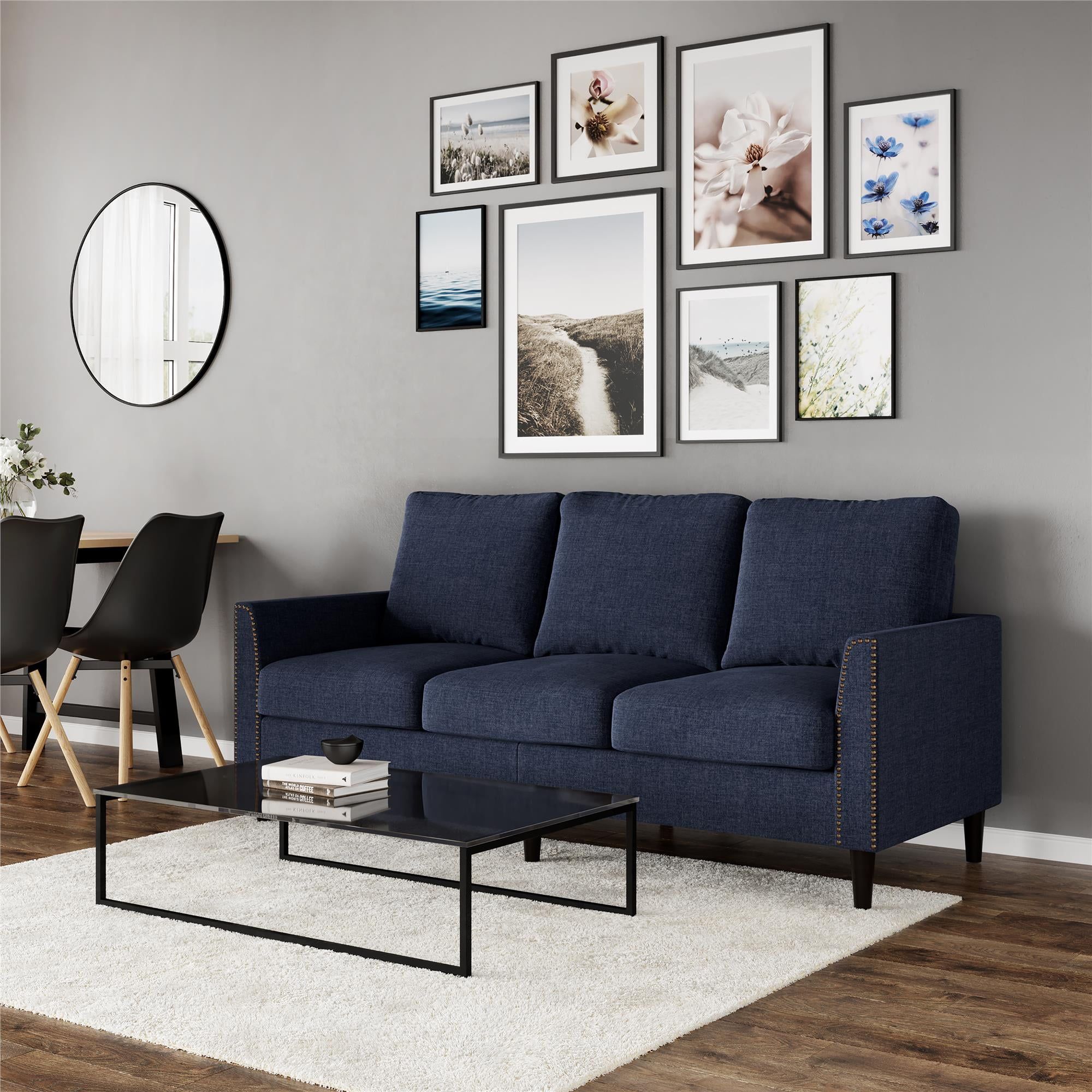 Queer Eye Cambridge Sofa With Nailhead Trim, Modern Couch, Blue Linen –  Walmart With Modern Blue Linen Sofas (View 7 of 15)