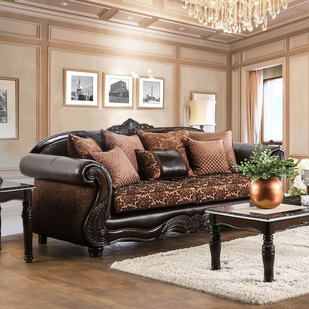 Quez Traditional Brown Faux Leather Rolled Arms Sofafurniture Of  America – Bed Bath & Beyond – 14357203 Inside Faux Leather Sofas In Dark Brown (View 2 of 15)
