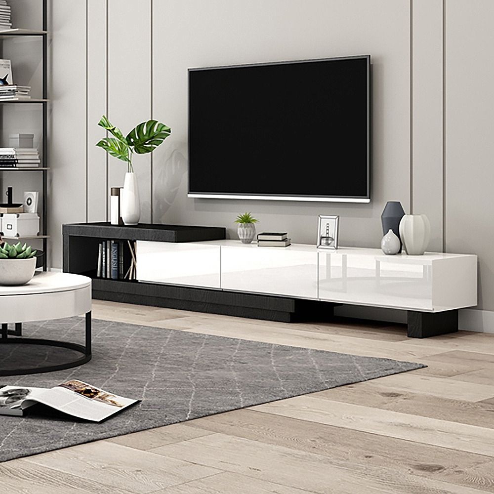 Quoint Modern Tv Stand Retracted & Extendable 3 Drawer Media Console For Tv  Up To 2032Mmhomary | Ufurnish In Modern Stands With Shelves (Photo 7 of 15)