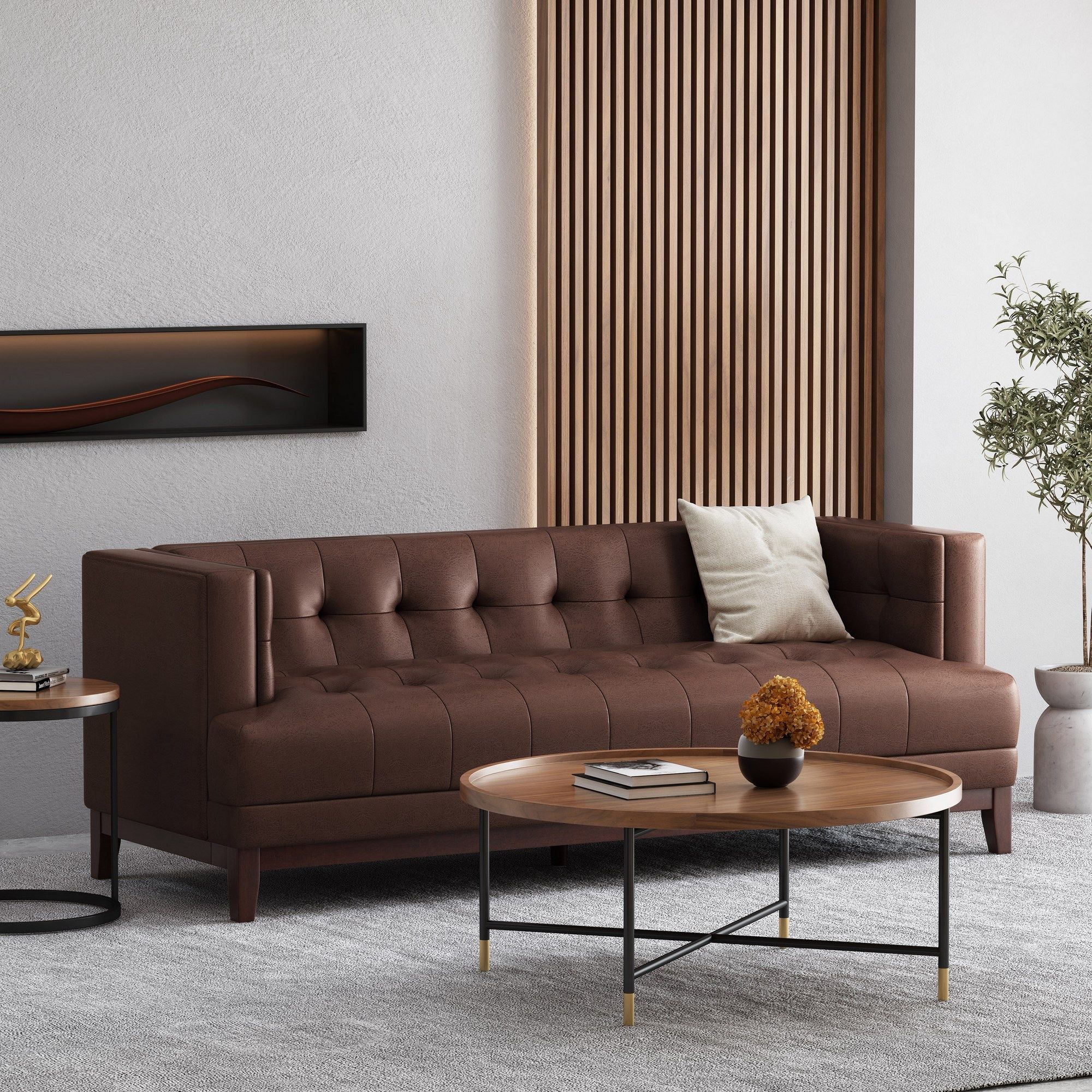 Raintree Mid Century Modern Faux Leather Tufted 3 Seater Sofa, Dark Brown  And Espresso Regarding Mid Century 3 Seat Couches (Photo 11 of 15)