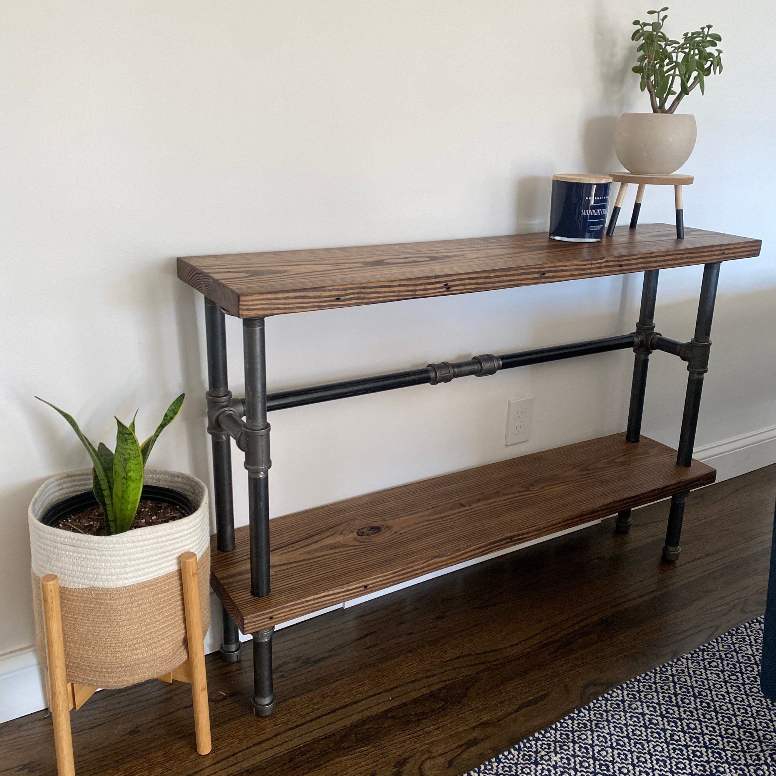 Reclaimed Wood Sofa Table And Industrial Console Shelf With Black Pipe  Minimalist Table – Etsy For Asymmetrical Console Table Book Stands (Photo 9 of 13)