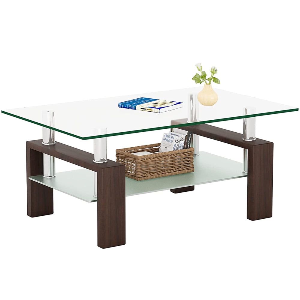 Rectangle Center Table For Living Room, Clear Glass Coffee Table With Lower  Shelf, Modern Rectangle Side Coffee Table With Metal Legs, 39"X23"X (View 10 of 15)