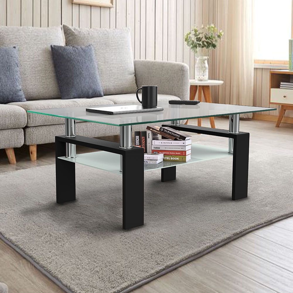 Rectangle Glass Coffee Table For Home, Modern Side India | Ubuy Throughout Glass Coffee Tables With Lower Shelves (View 10 of 15)