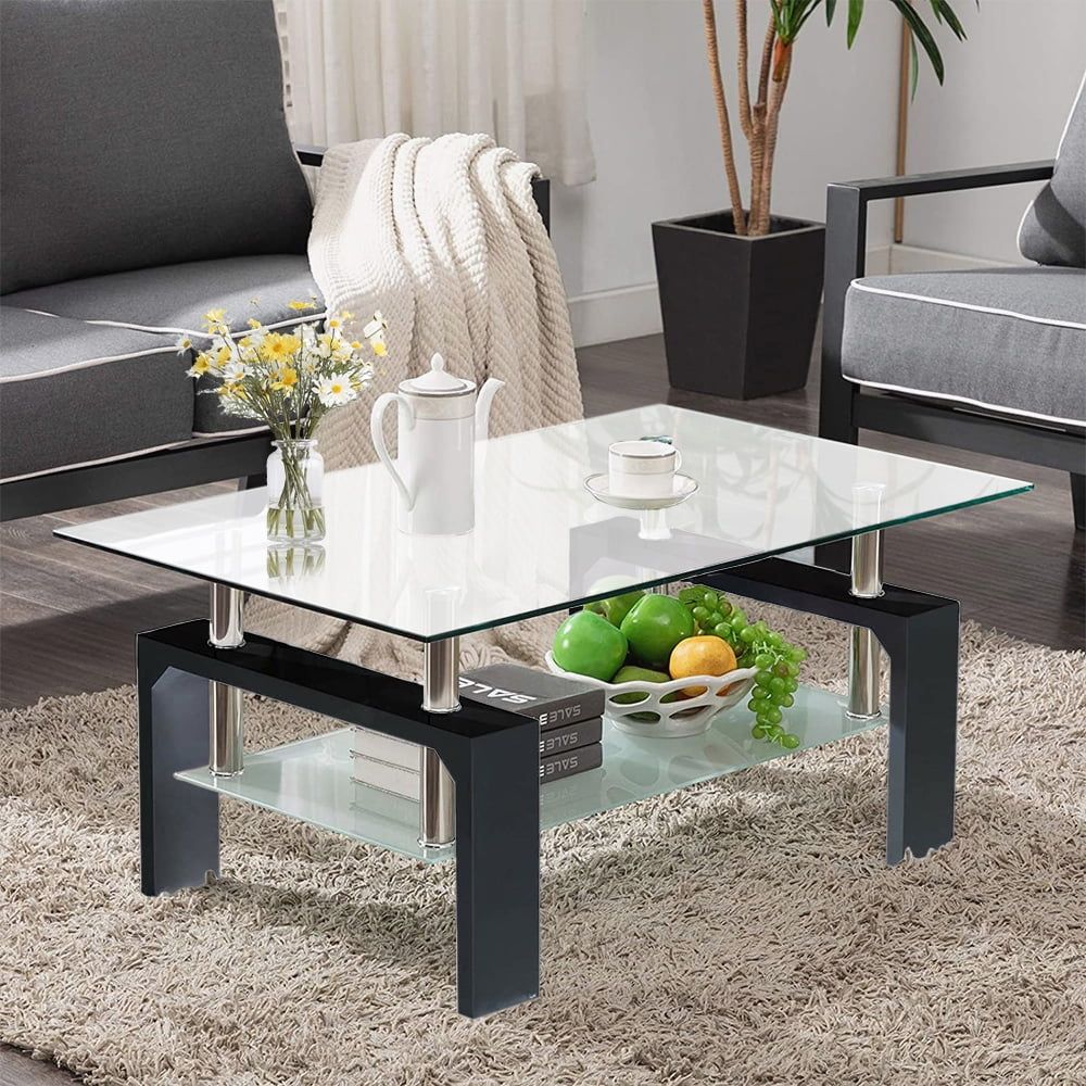 Rectangle, Modern Side Center Table With Shelf & Metal Legs, Mid Century  Tempered Glass Top Tea Table For Living Room, Home Furniture Cocktail Coffee  Table – Clear, B1263 – Walmart Regarding Clear Rectangle Center Coffee Tables (Photo 4 of 15)