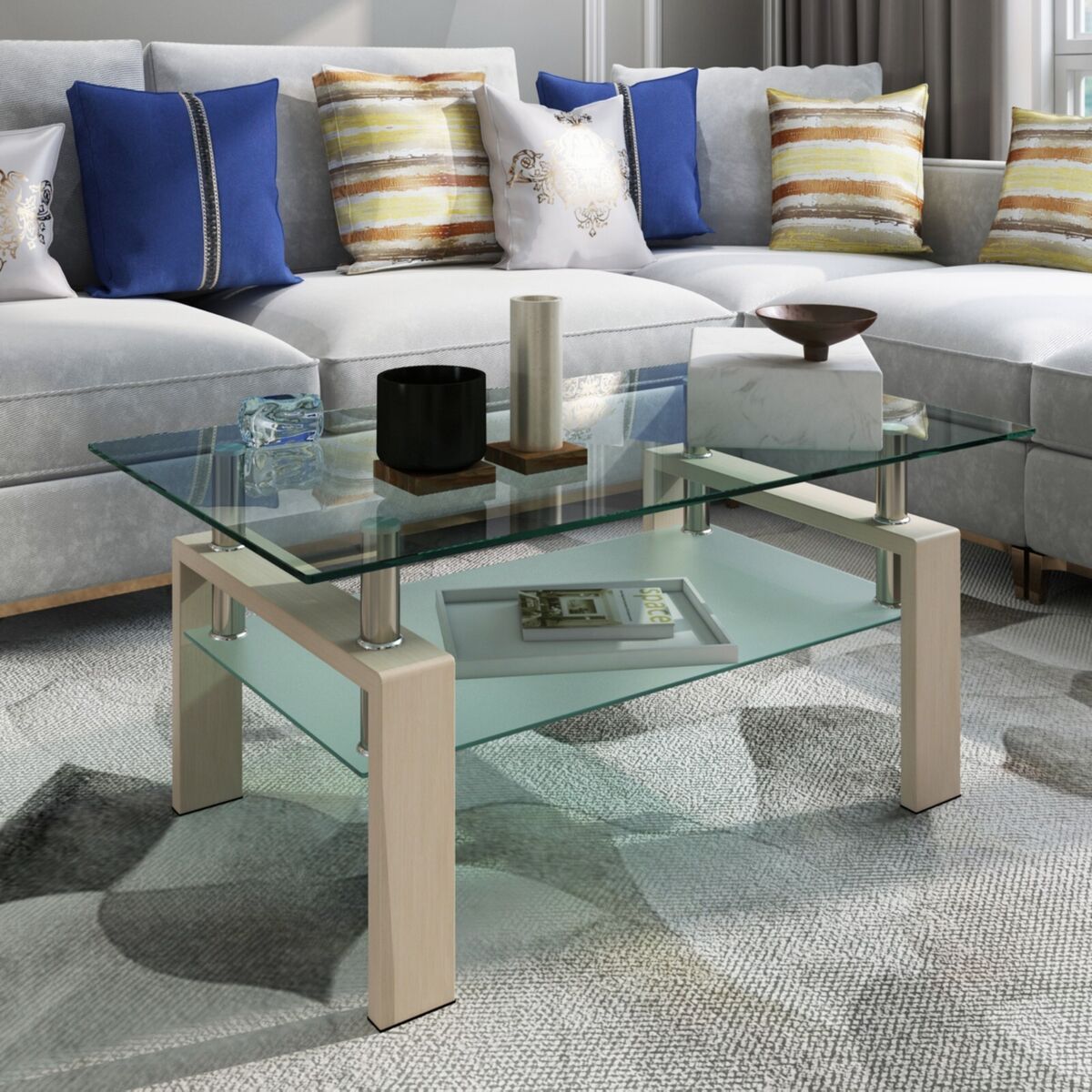 Rectangle Oak Glass Coffee Table, Clear Coffee Table，Modern Side Center  Tables | Ebay Throughout Clear Rectangle Center Coffee Tables (View 12 of 15)