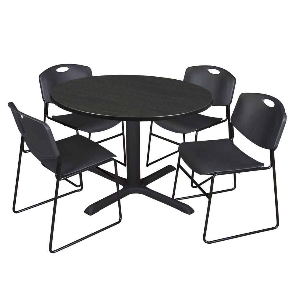Regency Cain 48 In. Round Breakroom Table  Ash Grey & 4 Zeng Stack Chairs   Black Intended For Regency Cain Steel Coffee Tables (Photo 5 of 15)