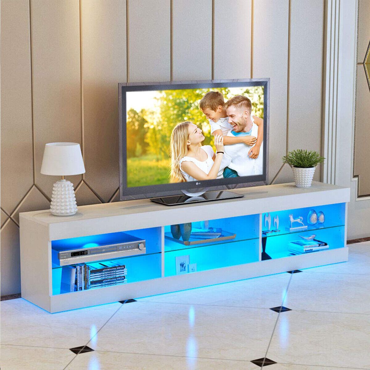 Rgb Led Tv Stand Entertainment Center For 65 70 Inch Tv High Gloss Glass  Shelves | Ebay With Regard To Rgb Tv Entertainment Centers (View 8 of 15)