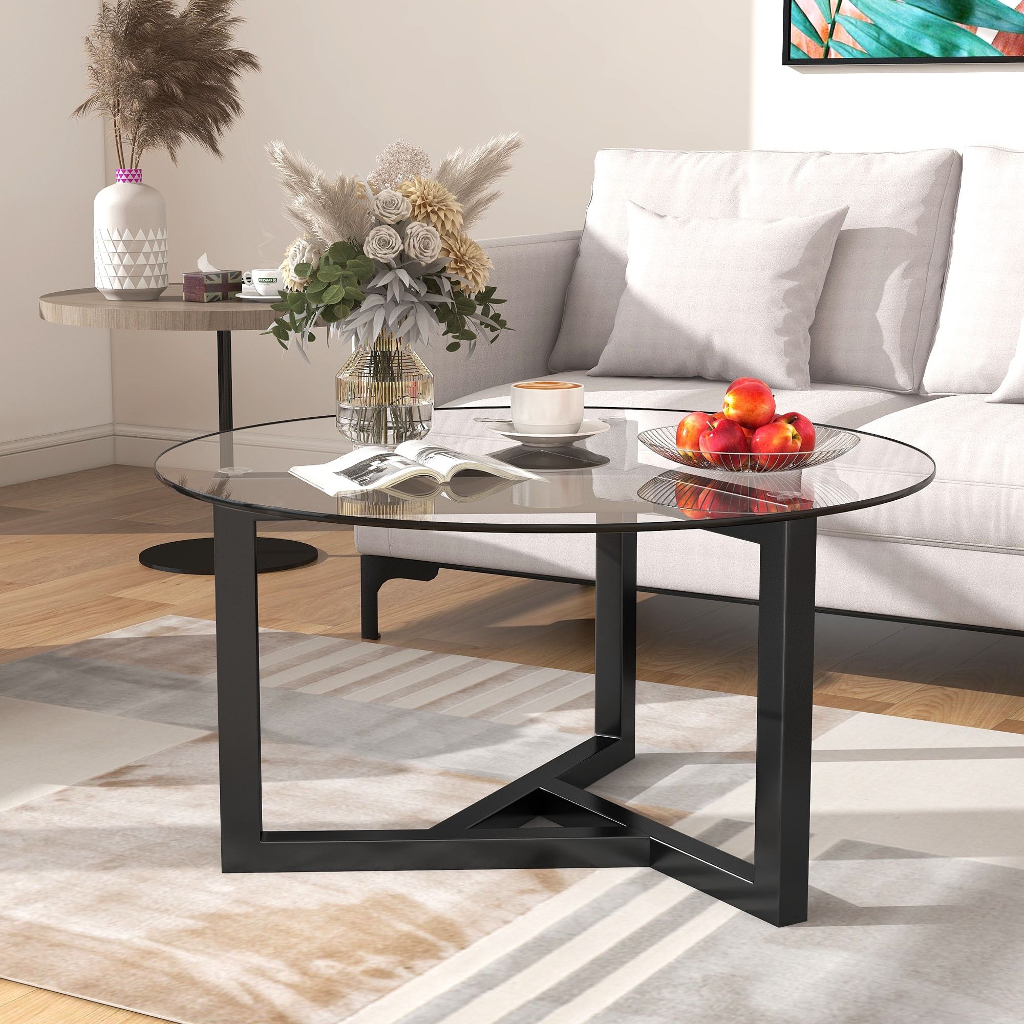 Round Glass Coffee Table With Tempered Glass Top & Sturdy Wood Base – Bed  Bath & Beyond – 36580619 Inside Wood Tempered Glass Top Coffee Tables (Photo 7 of 15)
