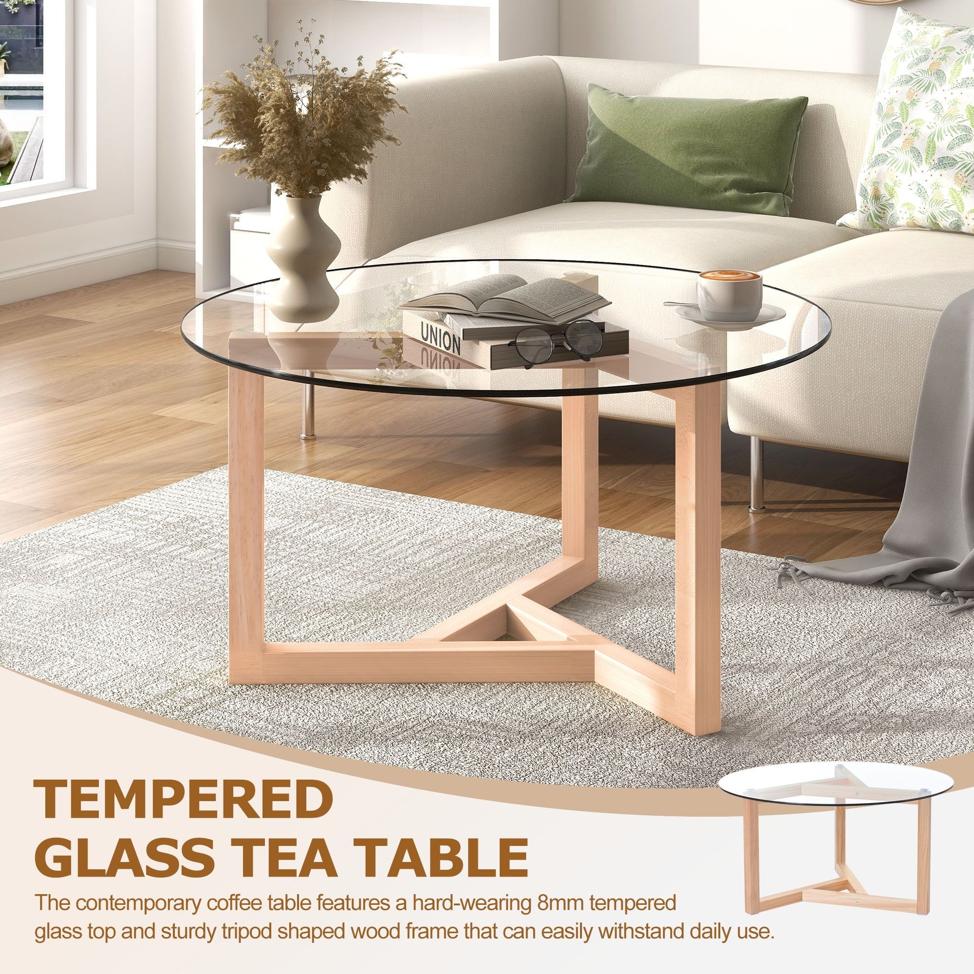 Round Glass Coffee Table With Tempered Glass Top & Sturdy Wood Base – On  Sale – Bed Bath & Beyond – 39094334 For Wood Tempered Glass Top Coffee Tables (Photo 15 of 15)