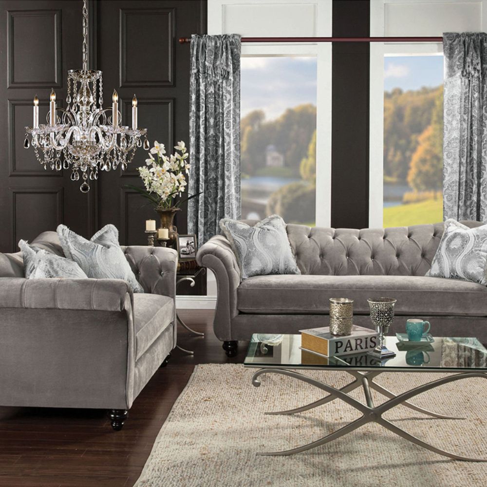 Royal Style Tufted Sofa In Light Mocha Fabric – Fatima Furniture Throughout Tufted Upholstered Sofas (View 14 of 15)