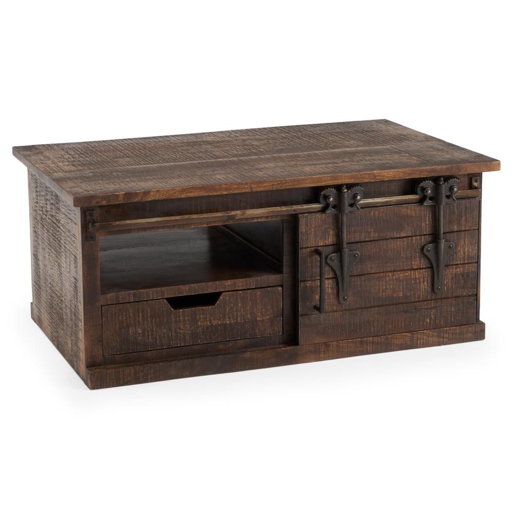 Rst Brands Wyatt Barn Door Coffee Table  Brown Wood Farmhouse Coffee Table  With Storage In The Coffee Tables Department At Lowes Throughout Coffee Tables With Storage And Barn Doors (View 6 of 15)