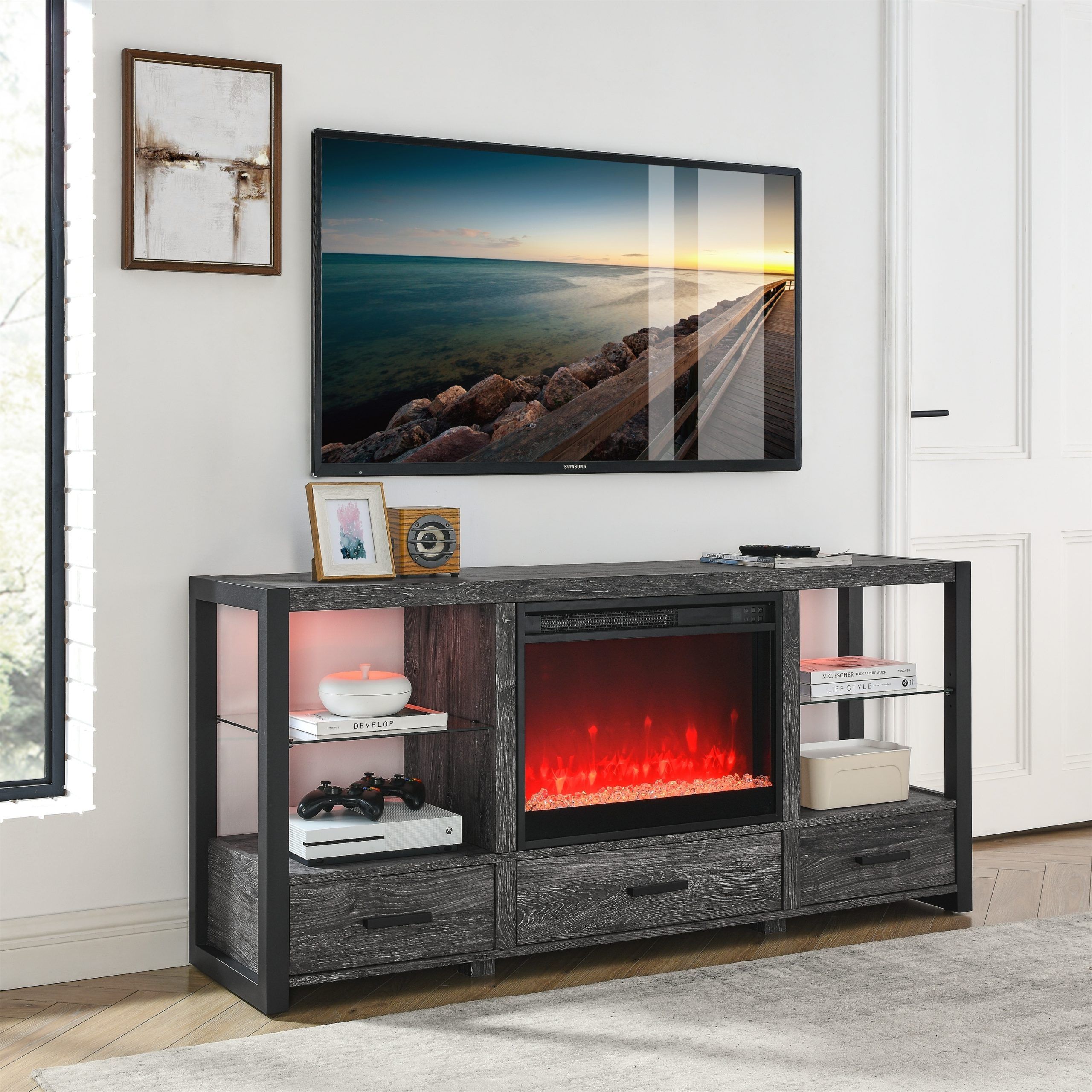 Rustic Electric Fireplace Tv Stand For Tvs Up To 70" With Multiple Storage,  Oak 28'' H X 15.7'' D X 60'' W – 60 In – Bed Bath & Beyond – 38424312 For Electric Fireplace Tv Stands (Photo 6 of 15)