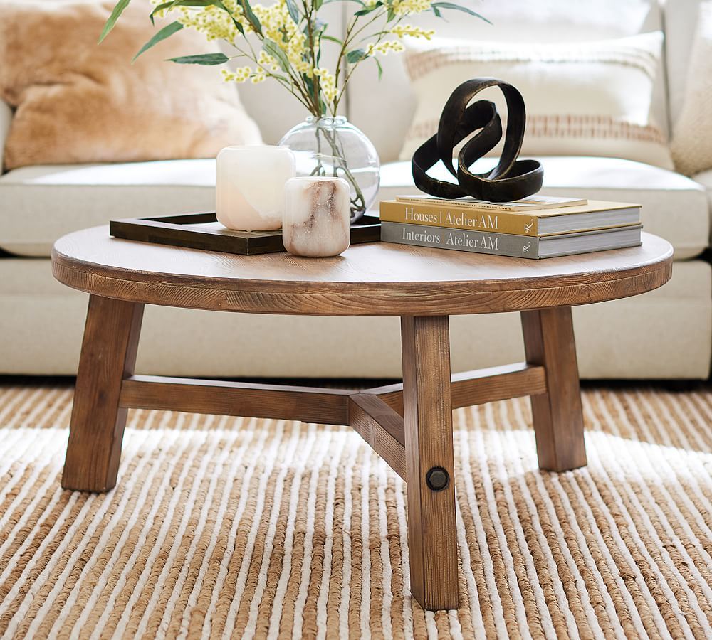 Rustic Farmhouse Round Coffee Table | Pottery Barn Regarding Living Room Farmhouse Coffee Tables (View 3 of 15)