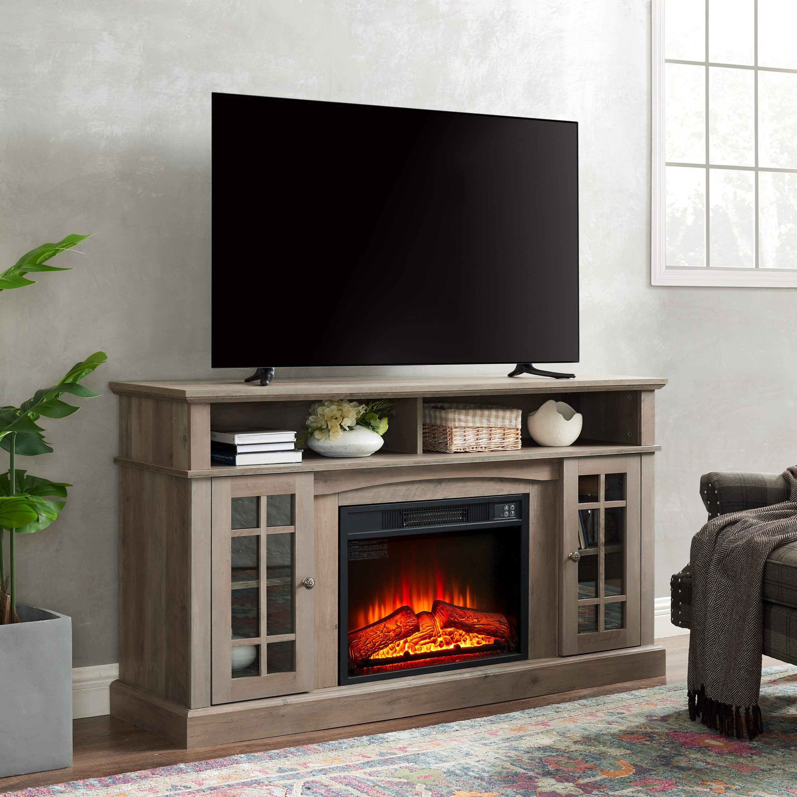 Rustic Fireplace Tv Console With 23" Electric Fireplace Inset, Highboy  Fireplace Tv Stand For Tvs Up To 60" Media Cabinets – On Sale – Bed Bath &  Beyond – 38949396 With Regard To Wood Highboy Fireplace Tv Stands (View 10 of 15)