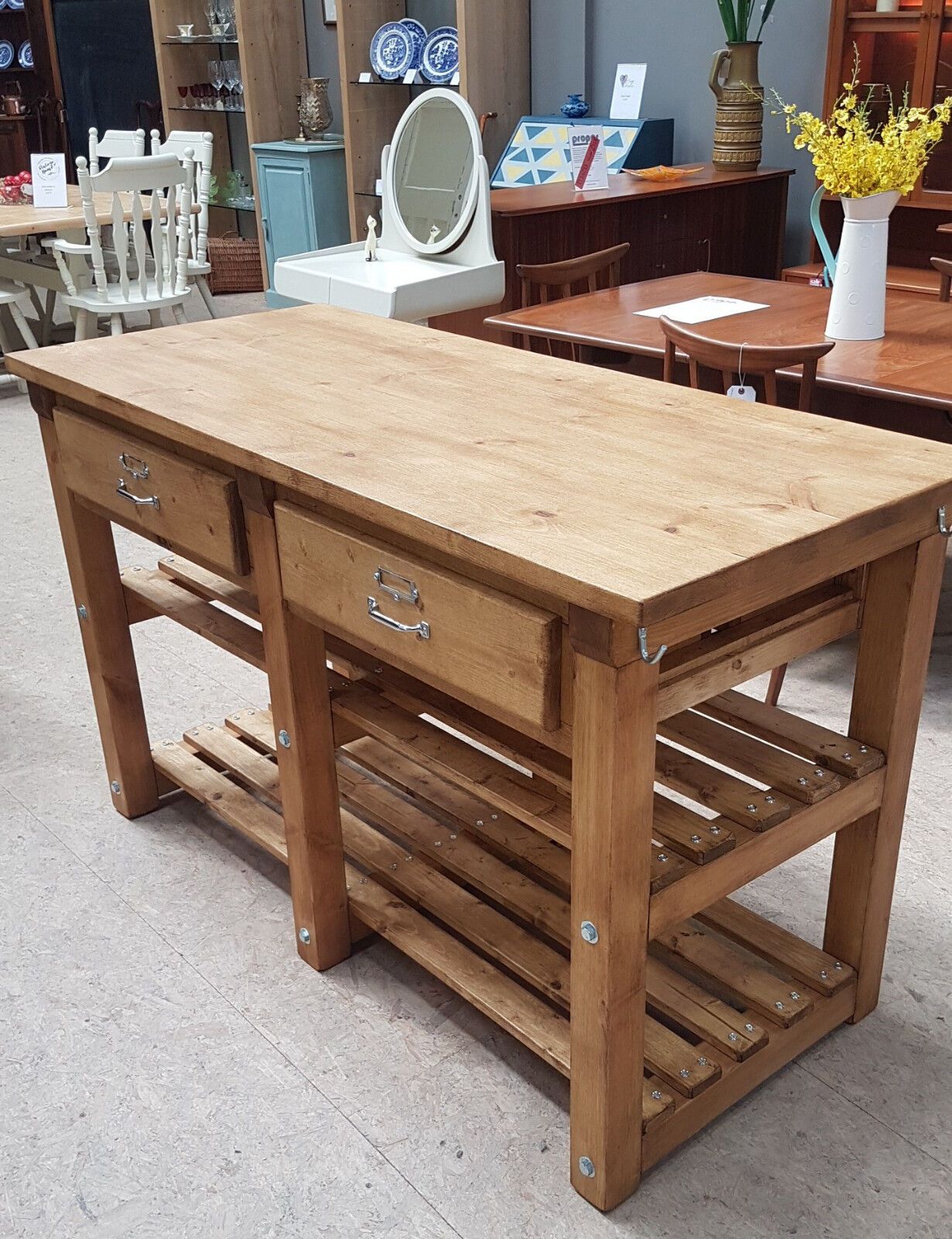 Rustic Freestanding 4 Drawer Butcher'S Block Style Kitchen Island Prep Table  | Ebay Inside Freestanding Tables With Drawers (Photo 1 of 15)