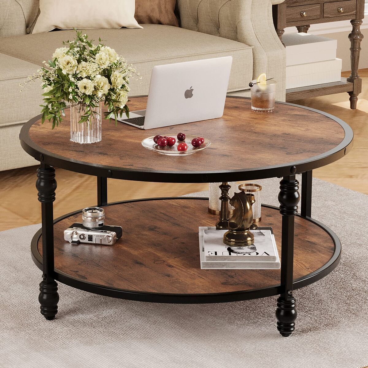 Rustic Wood Coffee Table Round Center Coffee Table W/ Storage Shelf Metal  Frame | Ebay For Metal 1 Shelf Coffee Tables (Photo 13 of 15)