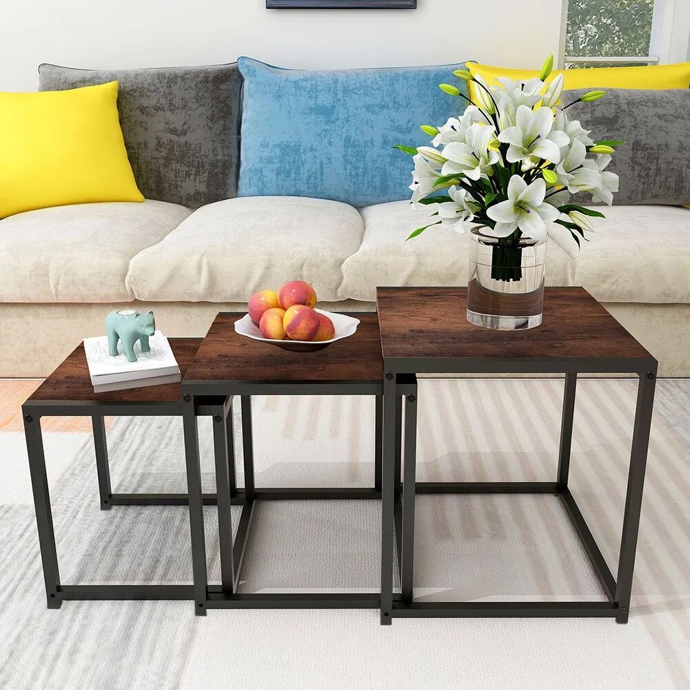 Set Of 3 Nesting Coffee Tables Wooden Top Square Side Tables With Metal  Frame Uk | Ebay With Coffee Tables Of 3 Nesting Tables (Photo 7 of 15)