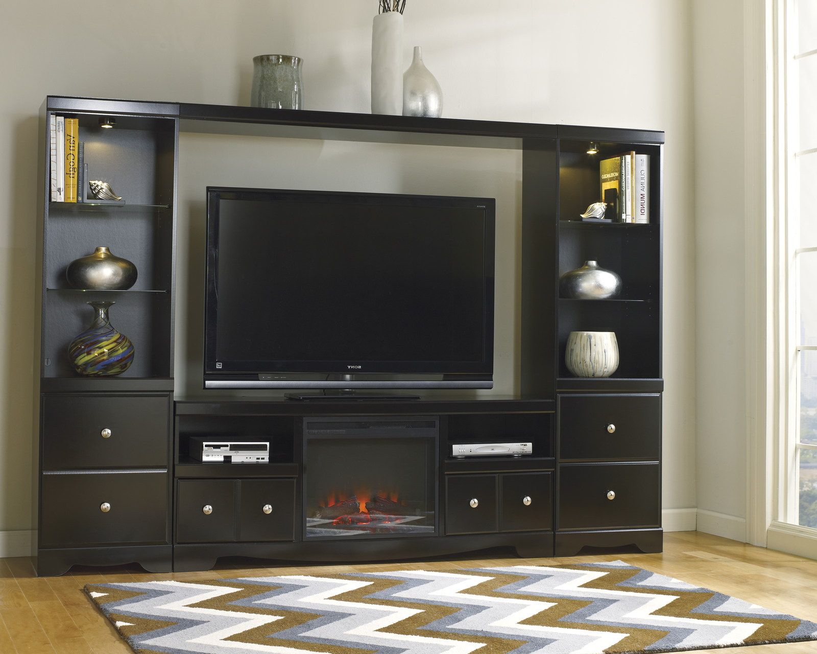 Shay Large Entertainment Unit With Tv Stand W/ Fireplace Insert, Bridge &  Two Side Piers In Black Inside Entertainment Units With Bridge (View 15 of 15)