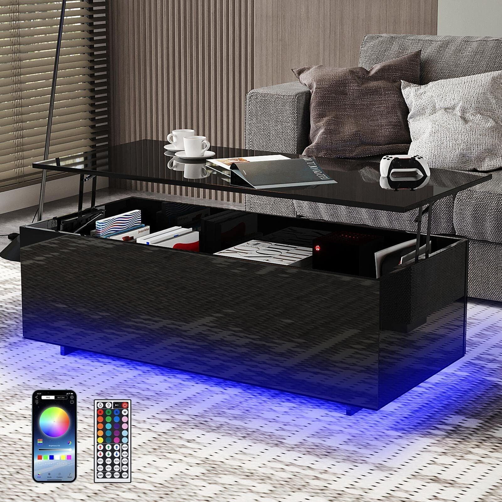 Shiyao 47Inch Modern Led Coffee Tables Lift Top With Storage And Hidden  Compartment, High Glossy Coffee Tables With 20 Colors Led Light –  Walmart For High Gloss Lift Top Coffee Tables (View 6 of 15)