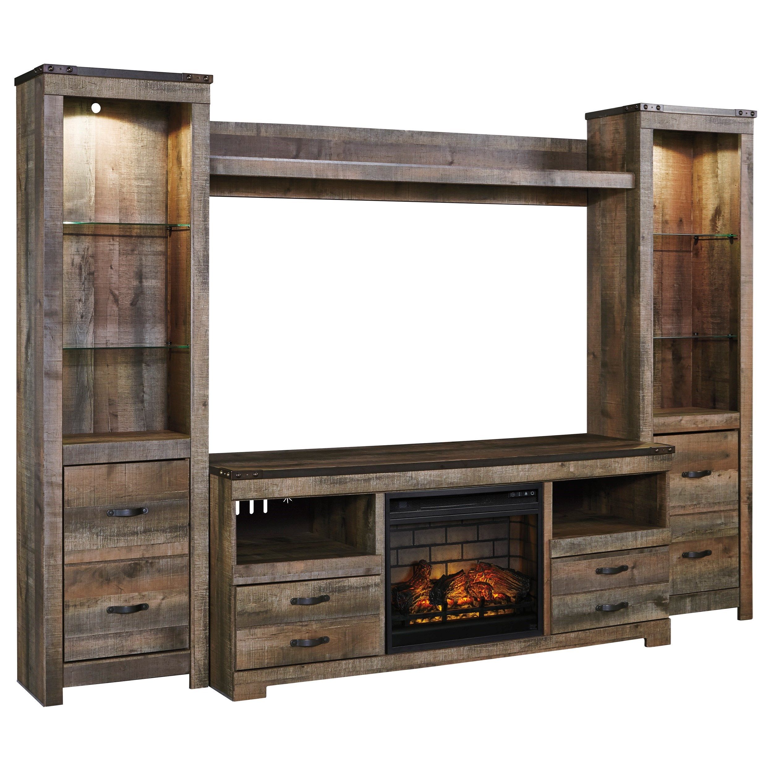 Signature Designashley Trinell W446W8 Rustic Large Tv Stand W/  Fireplace Insert, 2 Tall Piers, & Bridge | Factory Direct Furniture | Wall  Units For Entertainment Units With Bridge (View 2 of 15)