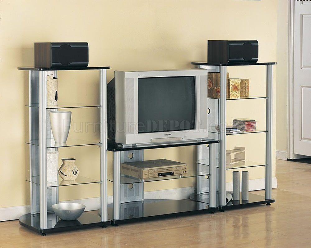 Silver & Black Modern Tv Stand W/Black Glass Shelves With Glass Shelves Tv Stands (View 3 of 15)