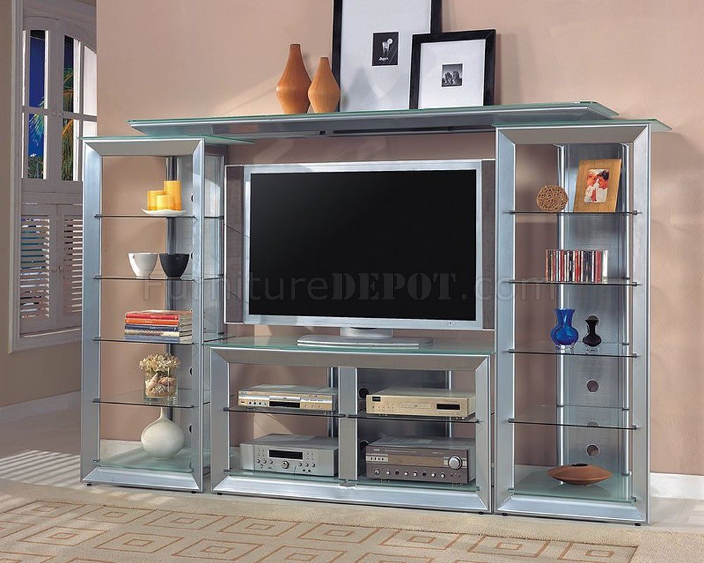Silver Color Contemporary Tv Stand W/Glass Shelves Intended For Glass Shelves Tv Stands (Photo 1 of 15)