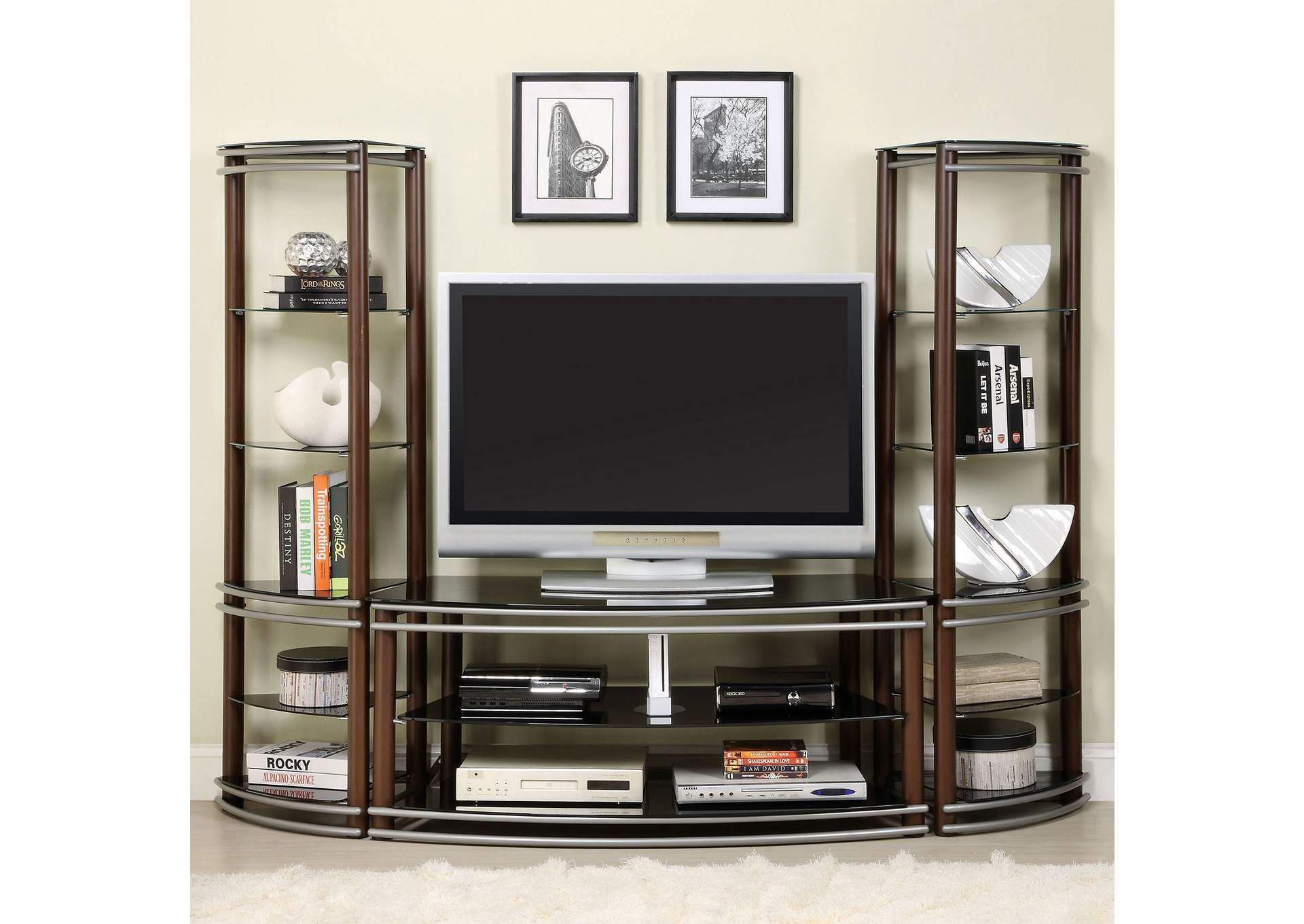 Silver Creek Brown & Silver Tv Console W/2 Pier Shelves Downtown Furniture  Co. With Tv Stands With 2 Doors And 2 Open Shelves (Photo 9 of 15)