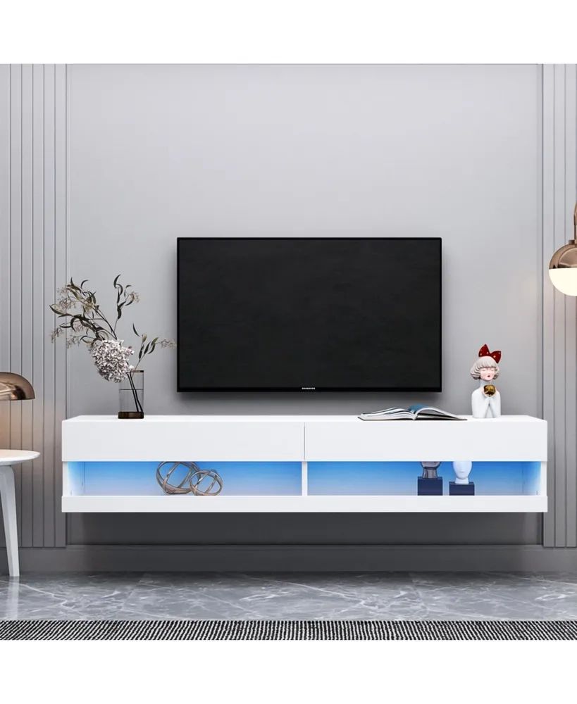 Simplie Fun 180 Wall Mounted Floating 80" Tv Stand With 20 Color Led White  | Hawthorn Mall Pertaining To Wall Mounted Floating Tv Stands (View 11 of 15)