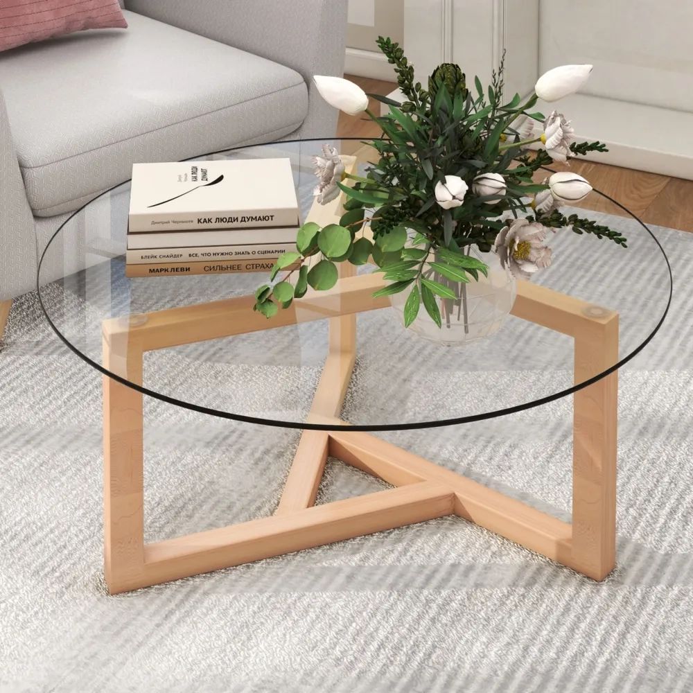 Simplie Fun Round Glass Coffee Table Modern Cocktail Table Easy Assembly  With Tempered Glass Top & Sturdy Wood Base, Natural | Hawthorn Mall In Wood Tempered Glass Top Coffee Tables (View 8 of 15)