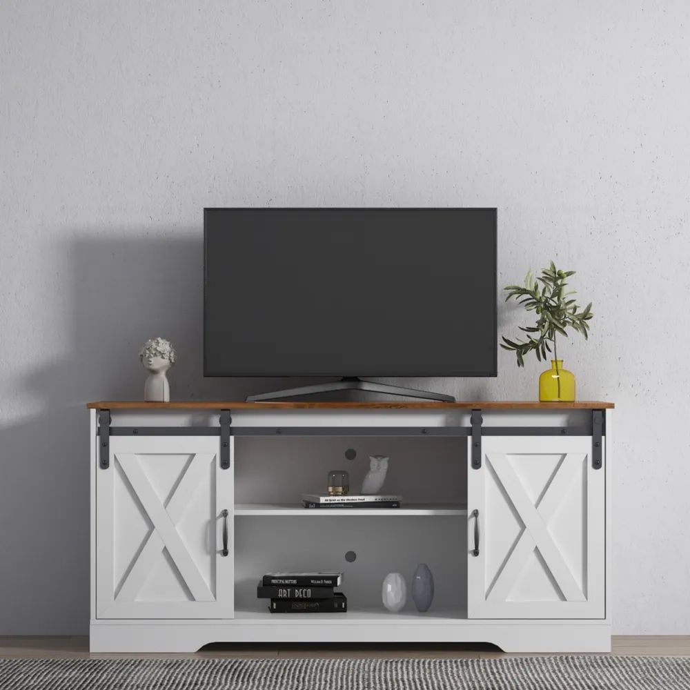 Simplie Fun Tv Stand Sliding Barn Door Modern Farmhouse Wood Entertainment  Center, Storage Cabinet Table Living Room With Adjustable Shelves For Tvs U  | Hawthorn Mall Throughout Entertainment Center With Storage Cabinet (View 9 of 15)