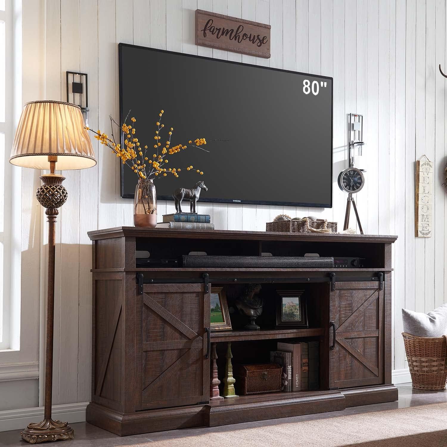 Sincido Farmhouse Tv Stand For 80 Inch Tvs, 39" Tall Entertainment Center  W/Double Sliding Barn Door, Large Media Console Cabinet W/Soundbar &  Adjustable Shelves For Living Room, 70Inch, Brown – Walmart For Farmhouse Tv Stands For 70 Inch Tv (Photo 2 of 15)