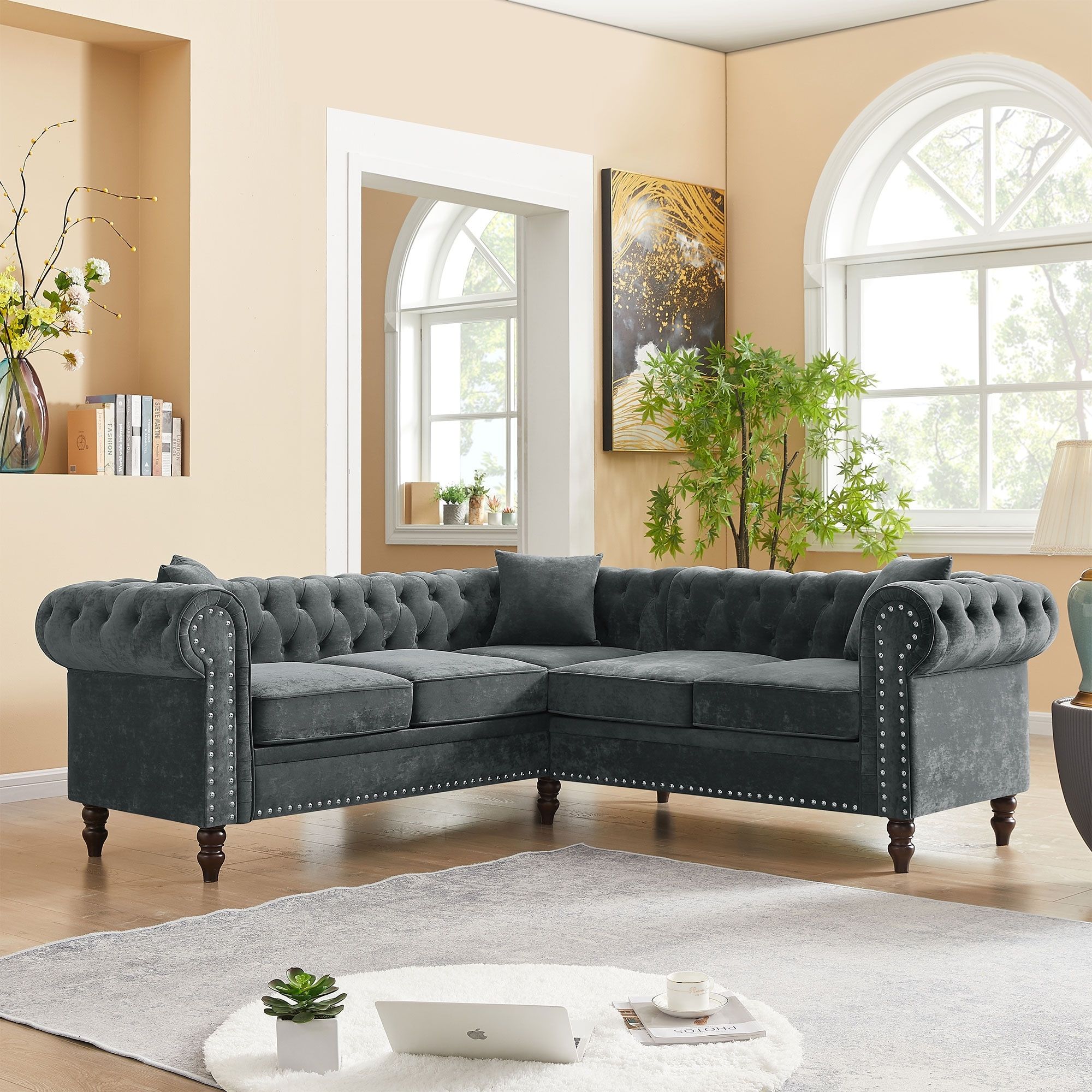 Sofa,L Shaped Sofaa,Deep Button Tufted Upholstered, Roll Arm Luxury Classic  Sofa, 3 Pillows Included – Bed Bath & Beyond – 38283618 Intended For Tufted Upholstered Sofas (View 7 of 15)