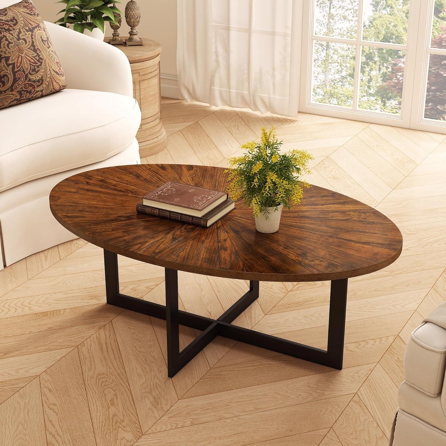 Solid Wood Contemporary Oval Coffee Table With Cross Metal Legs – On Sale –  Bed Bath & Beyond – 36581884 Regarding Coffee Tables With Solid Legs (View 8 of 15)