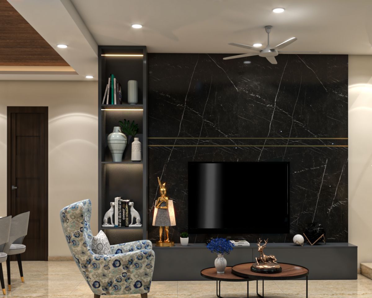 Spacious Tv Unit Design With Black Marble Wall Panel | Livspace Within Black Marble Tv Stands (Photo 6 of 15)